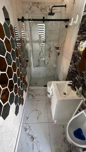 a bathroom with a sink and a toilet and a shower at Chalet Saint Lawrence GDL in Guadalajara