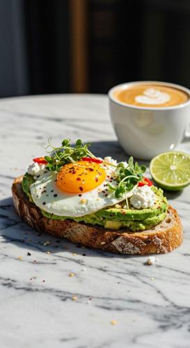 ホーチミン・シティにあるLuxury Eliana Hotelのパンに卵を乗せてコーヒーを飲む