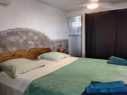 Caribbean Sunset, Malendure, Vue Mer, Jacuzzi Privé في بويانت: غرفة نوم بسرير كبير مع شراشف خضراء