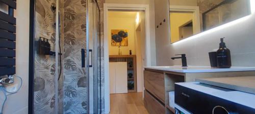 cocina con ducha de cristal y lavamanos en Ca' Serenella, en Venecia