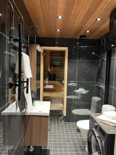 un bagno con lavandino, doccia e WC di Keisari Apartment a Rovaniemi