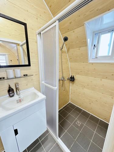 a bathroom with a shower and a sink at Here after us homestay in Dahu