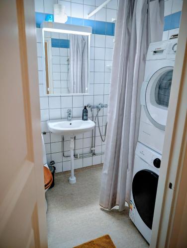 een badkamer met een wasmachine en een wastafel bij All you need! Fully furnished apartment in the heart of Katrineholm in Katrineholm
