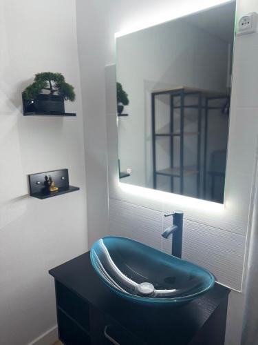 a bathroom with a blue sink and a mirror at Auberge du Cheval blanc89 in Bléneau