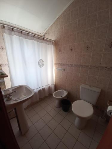 um banheiro com vaso sanitário, bidê e pia em Hotel Antartida Argentina em Ushuaia