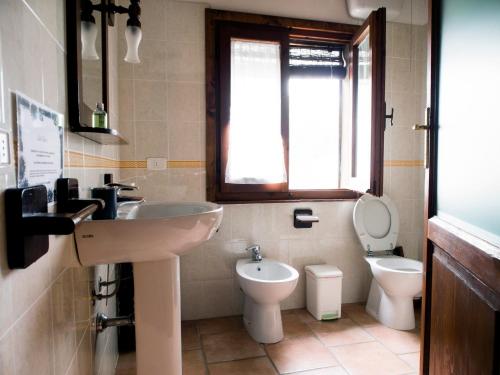 a bathroom with a sink and a toilet and a window at I Profumi Dell'Orto - Campagnatico in Preselle
