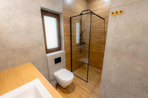 Domki nad potokiem في Lipnica Murowana: حمام مع دش ومرحاض ومغسلة