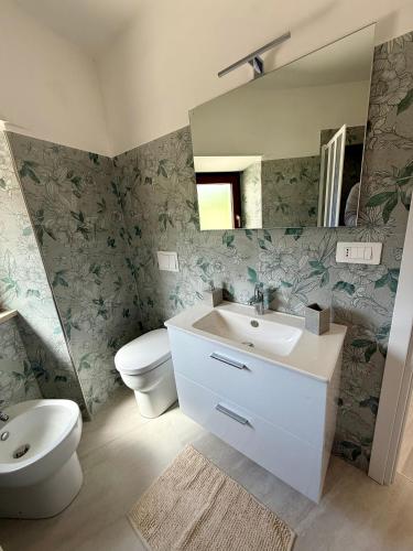 a bathroom with a sink and a toilet and a mirror at Casa Vacanze Da Zia Rosetta in Fornelli