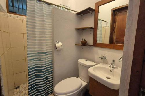 a bathroom with a toilet and a sink and a mirror at Casa Andrew - Cozy Island Home in Santa Cruz