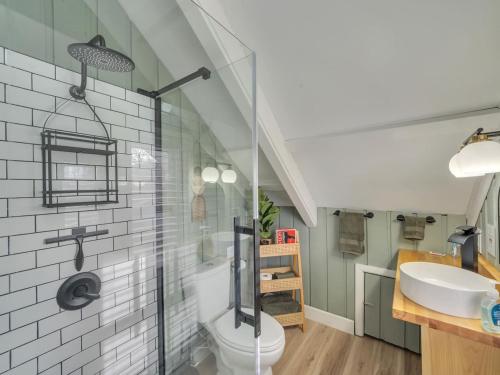 a bathroom with a shower and a toilet and a sink at Lookout Lodge in Beech Mountain