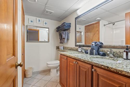 a bathroom with a sink and a toilet and a mirror at Beach Cove Resort - Oceanfront Condo - Unit 1516 in Myrtle Beach