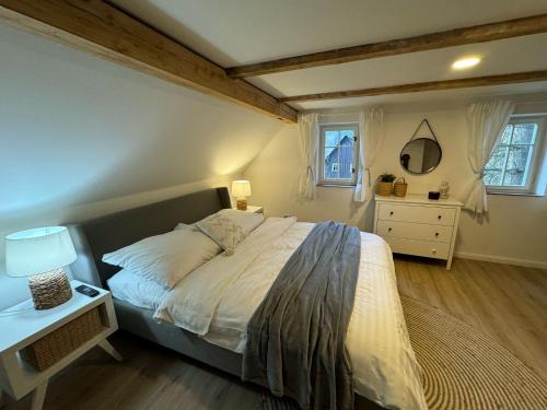 a bedroom with a bed and a dresser and two windows at Kouzelná chalupa u lesa in Česká Lípa