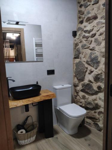 a bathroom with a toilet and a sink and a stone wall at Bosque animado in La Alberca