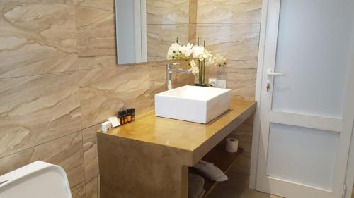 un bagno con un lavandino bianco e uno specchio di Les Studios de l'Oasis a Ngaparou