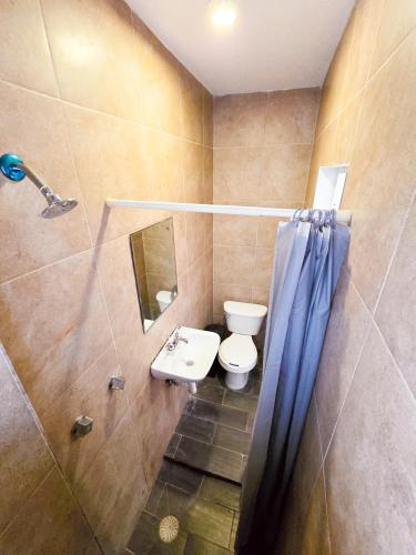 a bathroom with a toilet and a sink and a shower at Habitación estándar tancitaro in Oaxaca City