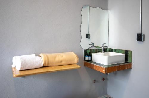 墨西哥城Hostal CASA MX bellas artes的浴室里有洗手池和镜子