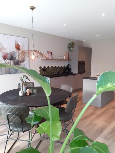 a dining room with a black table and chairs at Luxe appartement 4 personen #2