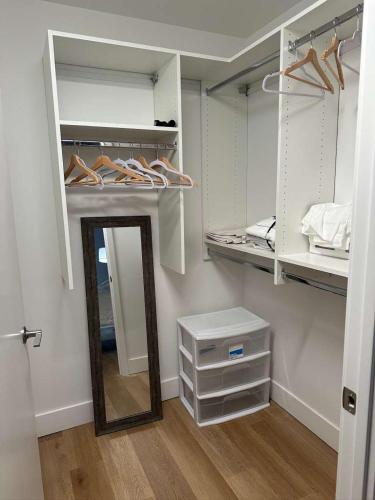 una cabina armadio con uno specchio e delle scarpe di Bright, Modern Studio in White Plans a White Plains