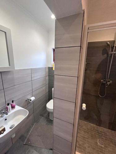 a bathroom with a toilet and a sink and a shower at 52 Maroela street in Mossel Bay