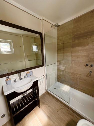 a bathroom with a sink and a shower at Gente del Sur - Avenida in Ushuaia