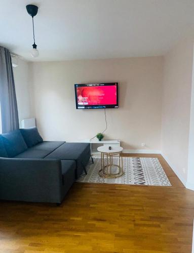 科尔贝埃索讷Omega Appartment的客厅里有一张沙发，墙上有一台电视