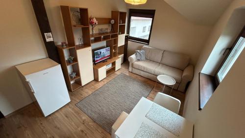 弗格拉什Transylvania Guest House的带沙发和电视的小客厅