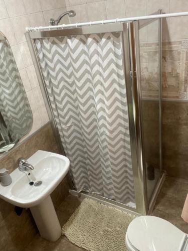 a bathroom with a shower and a sink and a toilet at Birgu SeaView Apartment in Birgu