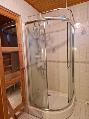 Villa Karhurinne في ليمبالا: دش مع باب زجاجي في الحمام