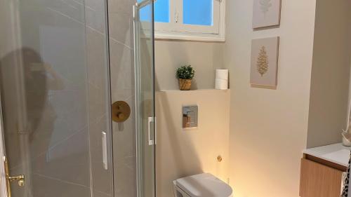 a bathroom with a shower and a toilet at Alojamientos Boutique Ribadesella in Ribadesella