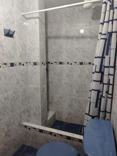 a bathroom with a shower with a blue toilet at Agradable Estadía in Trujillo