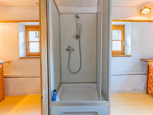 a shower with a glass door in a bathroom at Alte Grafenmühle in Hopfgarten im Brixental