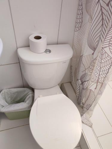 a toilet in a bathroom with a roll of toilet paper at Villa Naylamp loft7 playa pocitas in Puerto Máncora