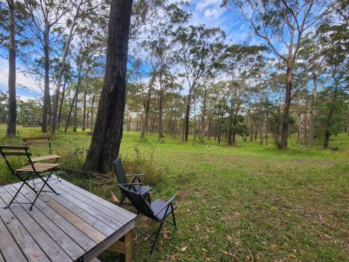 un tavolo da picnic e due sedie sedute accanto a un albero di Solitary Islands Farm 3 by Tiny Away ad Arrawarra