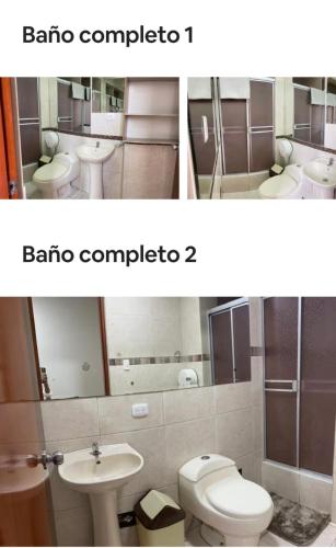 a bathroom with two toilets and a sink and a bathroom with a mirror at La campiña in Lima