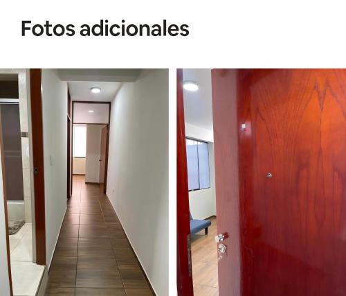 two pictures of a hallway with a red door at La campiña in Lima