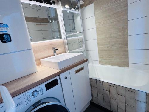 莱德萨阿尔卑斯Les Deux Alpes - Studio pour 4 personnes - FR-1-546-61的带水槽和洗衣机的浴室