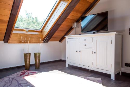 ein Wohnzimmer mit einem Dachfenster und einem TV in der Unterkunft Ferienwohnung Ruhenest in Willingen