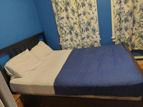 a bed in a bedroom with blue walls and curtains at 1052grovest in Irvington