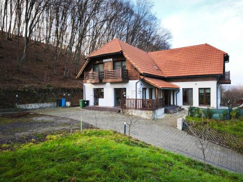 a house with a wooden roof on a hill at Pensiunea Nossa Panzió in Corunca