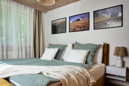 Schlafzimmer mit einem Bett mit grünen und weißen Kissen in der Unterkunft Casa Francesco - Ruhiges Apartment nahe Riesneralm & Planneralm 