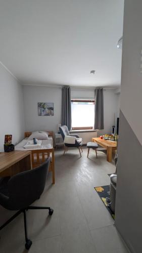 a living room with a bed and a table at Studio-Apartment Goslar in Wolfenbüttel
