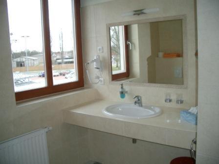 a bathroom with a sink and a mirror at Gasthof Strausberg Nord in Strausberg