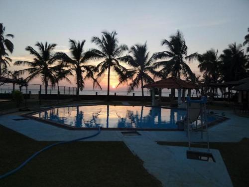 马拉维拉Aquarius Resort的棕榈树泳池和日落背景