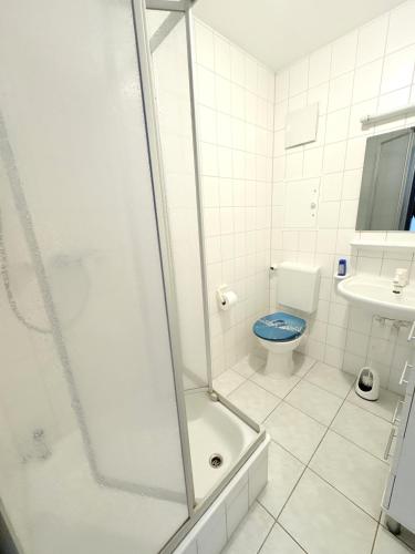 a bathroom with a shower and a toilet at Ferienwohnung Sonnenperle - 2 SZ, Balkon, nah am Hafen in Breege
