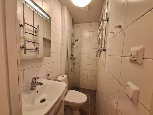 a bathroom with a sink and a toilet and a shower at Luxhousing apartment with balcony in Helsinki