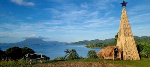 a christmas tree on a hill next to a lake at Waddy Inn and Leisure Farm in Taytay