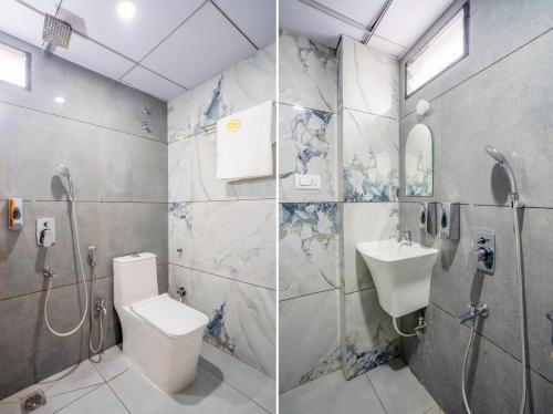two pictures of a bathroom with a toilet and a sink at Hotel Helixo Classic Kompally in Hyderabad