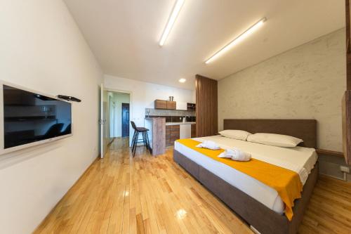 a bedroom with a large bed and a television at NAR Royalton Suite #65 in Niš