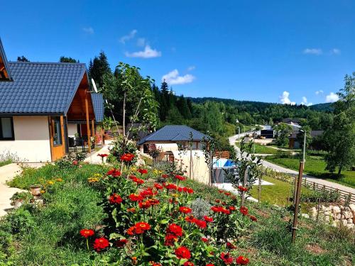 ogród z czerwonymi kwiatami przed domem w obiekcie Sunnyside apartments, 2 kuce, 8 osoba w mieście Kruščanje