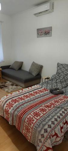 ein Schlafzimmer mit einem Bett und einer Couch darin in der Unterkunft Ánizs Apartmanház in Makó